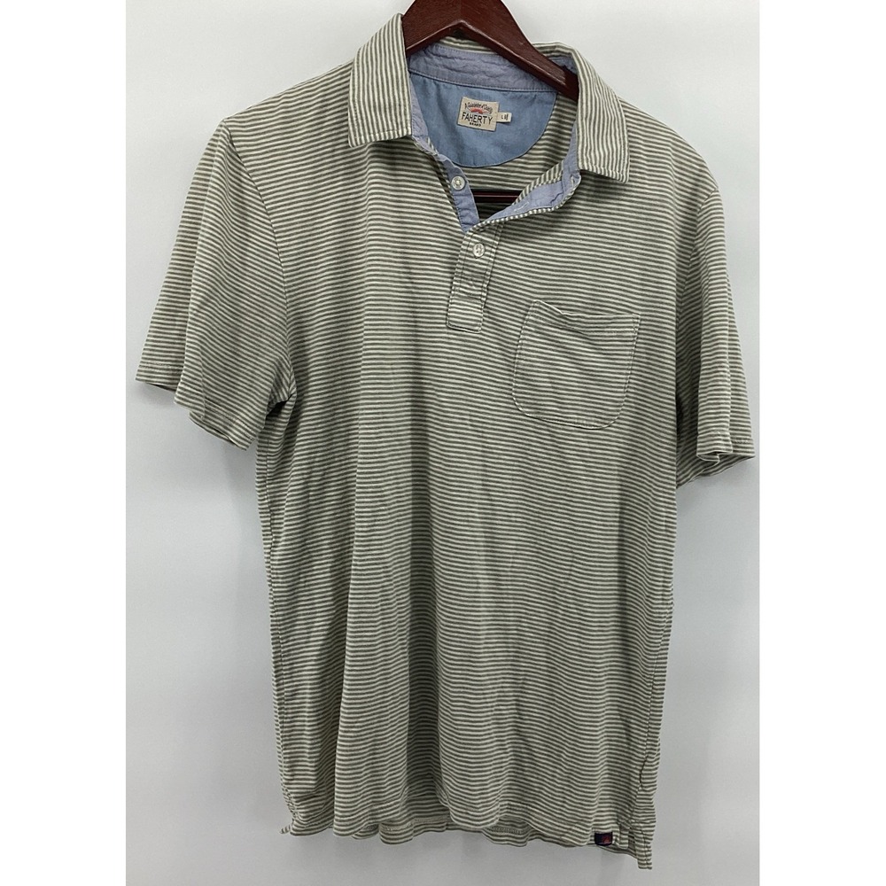 Men's Faherty Green & White Striped Polo Shirt Size Large Pocket